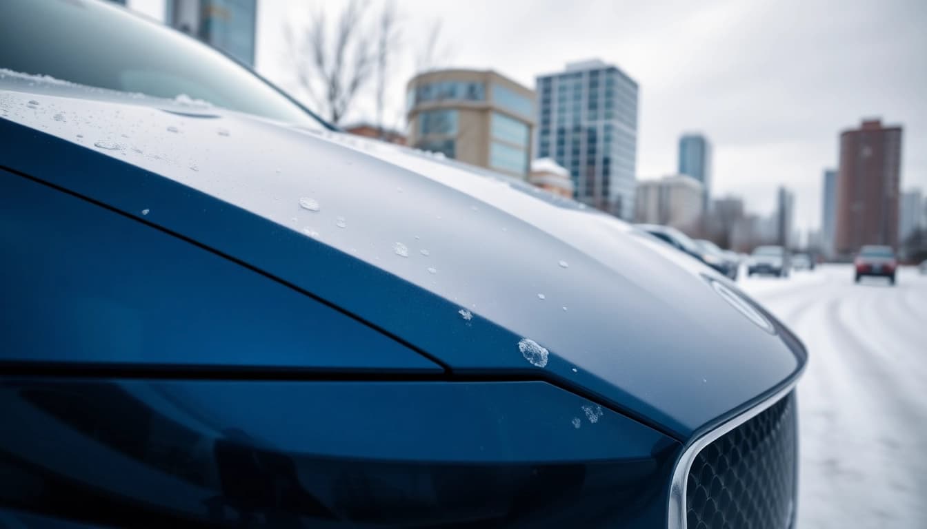 Experience PPF winter road salt protection with a glossy car expertly shielded from winter elements.