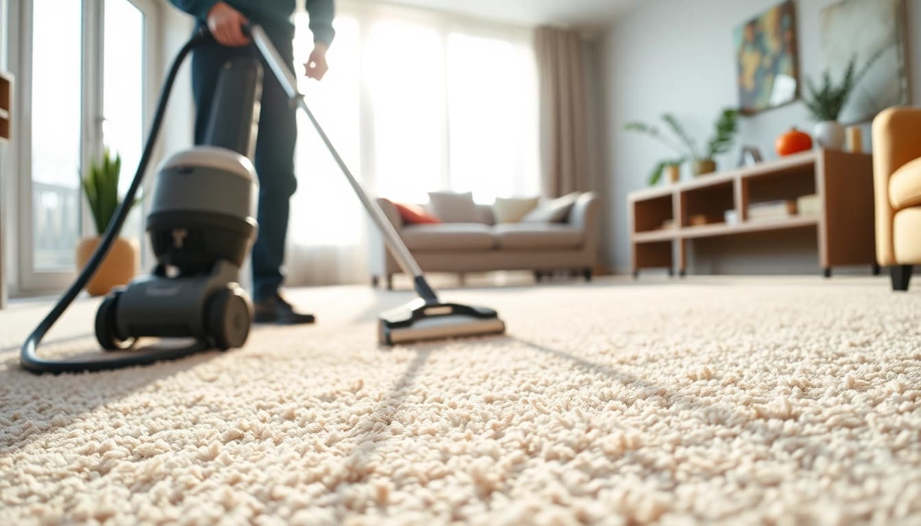 Carpet cleaning services in Glasgow showcased by a technician cleaning plush carpets in a bright home.