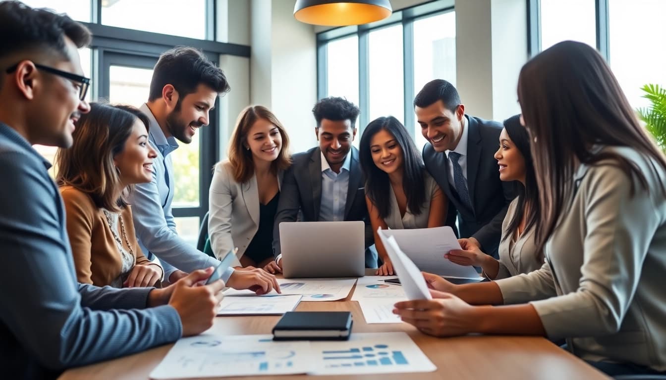 Set up a company in the US with diverse professionals collaborating in a modern office.