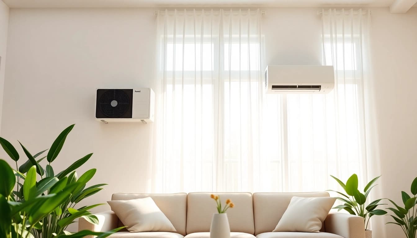 Efficient mini split ac units providing cooling in a contemporary living room setting.