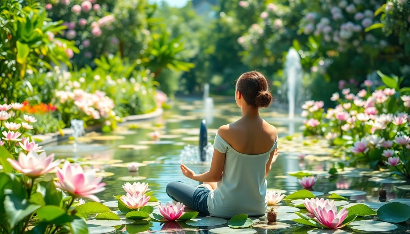 Meditating individual in a peaceful garden embodying mental wellness through nature and tranquility.