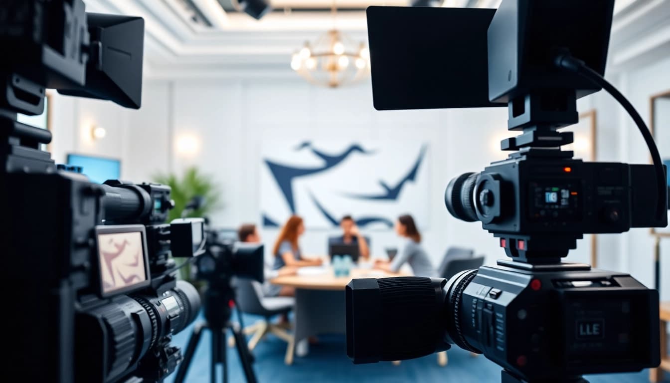 Capture the essence of corporate video production with a dynamic filming scene in a modern studio.