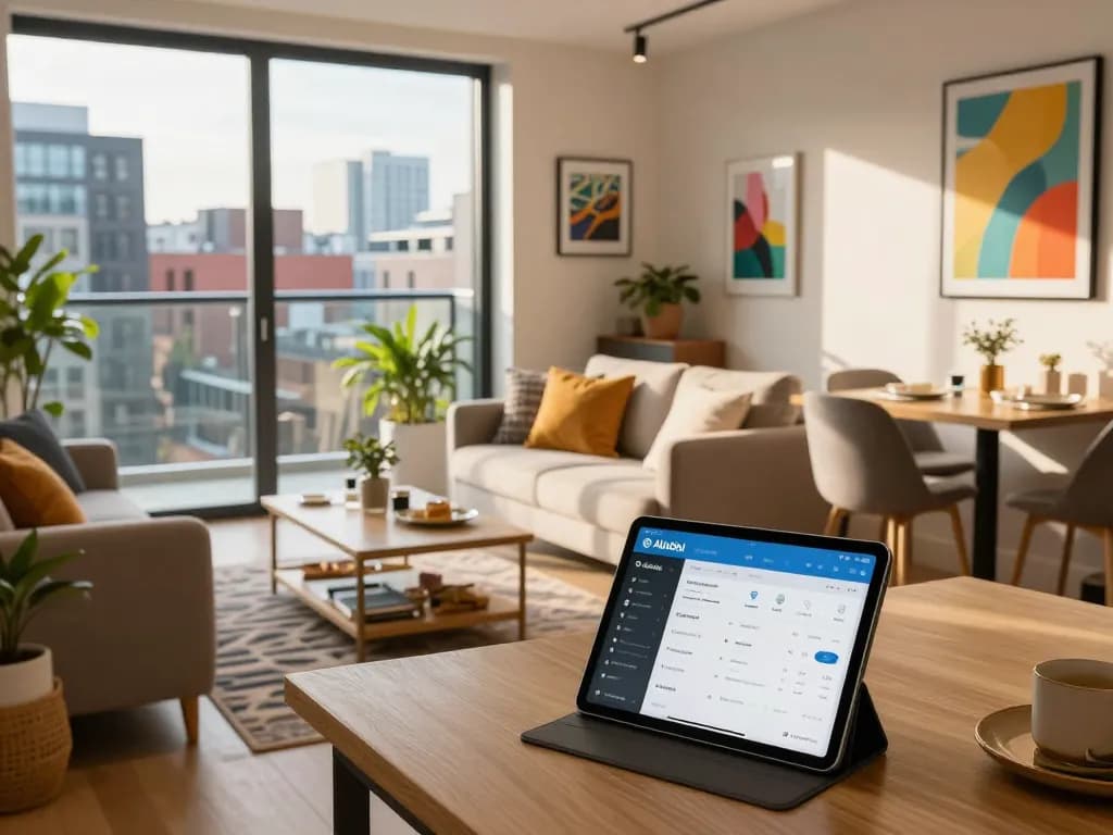 Stylish Airbnb management in Manchester showcasing a modern living area with city views.