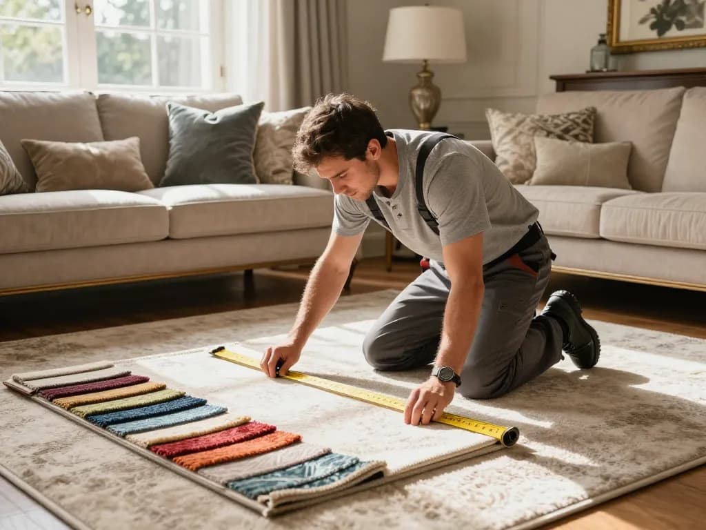 Carpet fitters near me - Professional installer measuring luxurious carpet in inviting living room with sunlight streaming in.