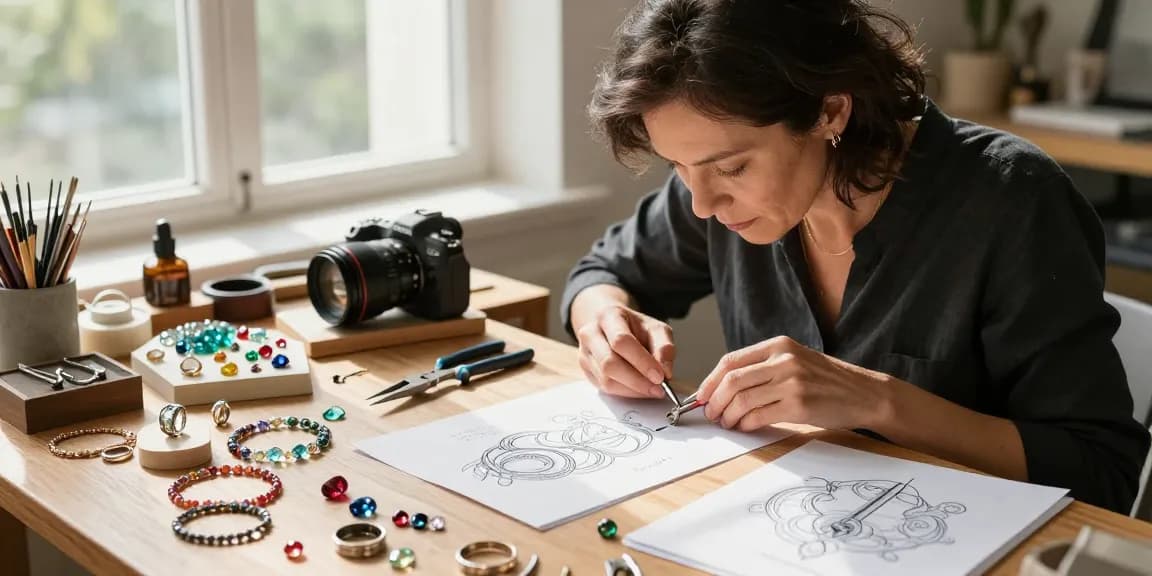 Custom jewellery design UK in an artisan workshop featuring a jeweler crafting unique pieces with love.