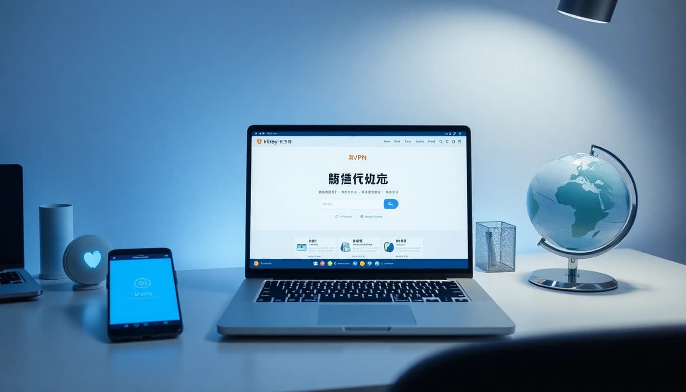 在现代工作区的笔记本电脑上显示的快连官网，旁边有智能手机和地球，象征安全的全球连接。