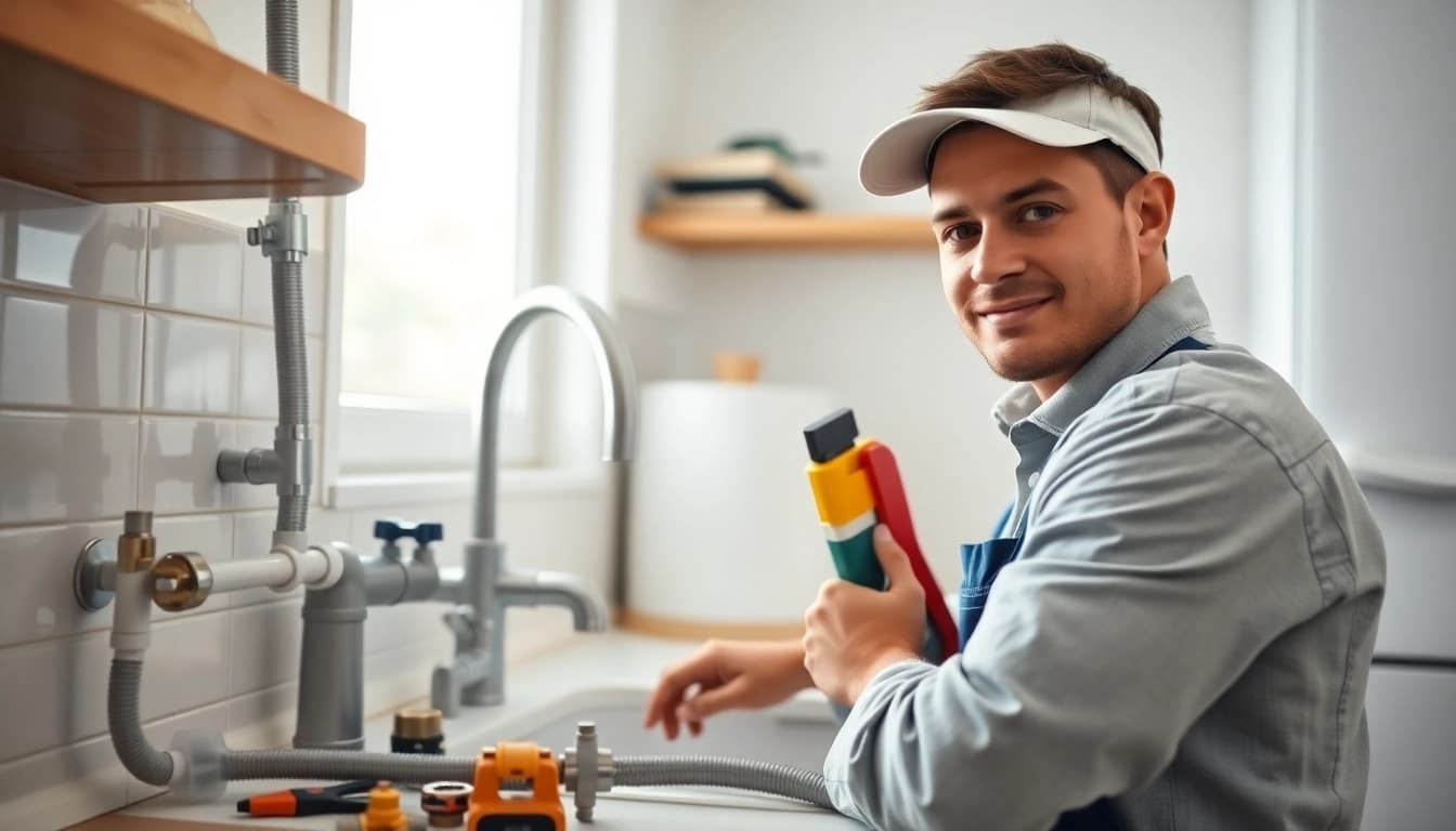 Plumber near me repairing a kitchen sink, showcasing tools and expertise in a bright setting.