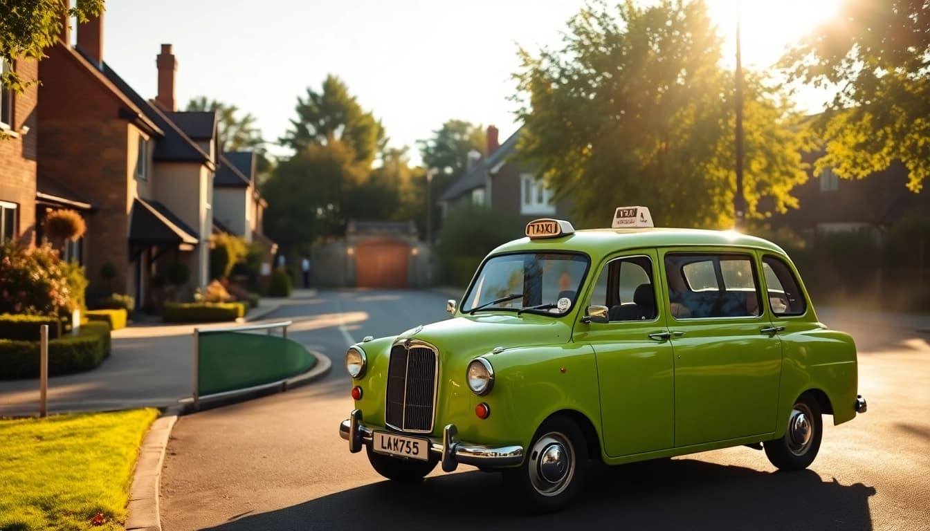 Experience seamless taxi service in Thames Ditton with a vintage taxi on a charming street.