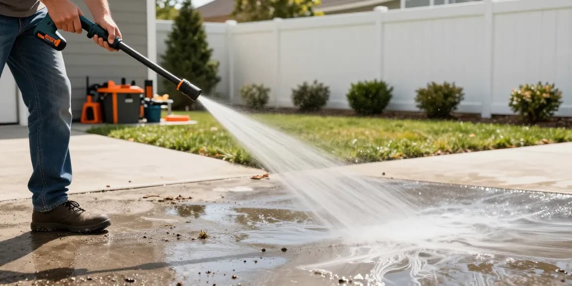 Dewalt jet wash in action, cleaning driveway while surrounded by garden elements, showcasing effective home maintenance.