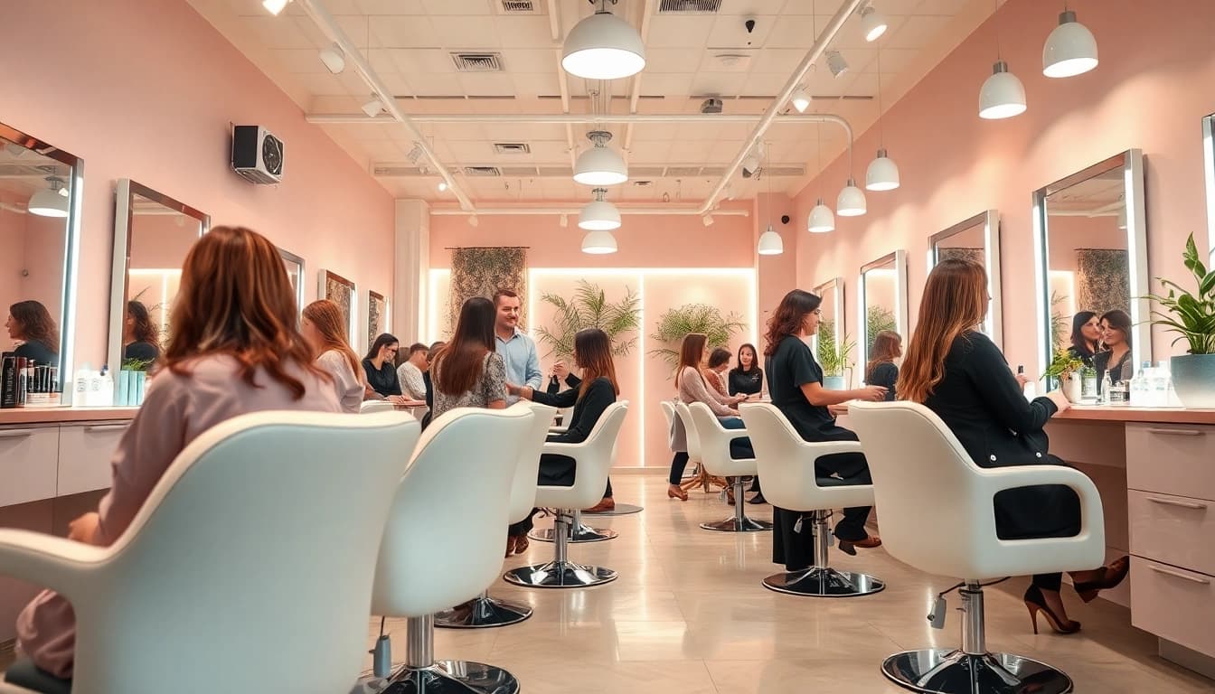 Professional hair salons interior with stylists providing services to happy clients.