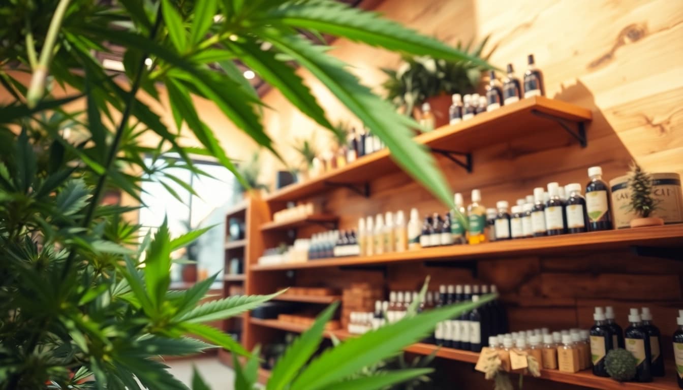 Showcase of a UK online weed dispensary with various cannabis products arranged attractively.