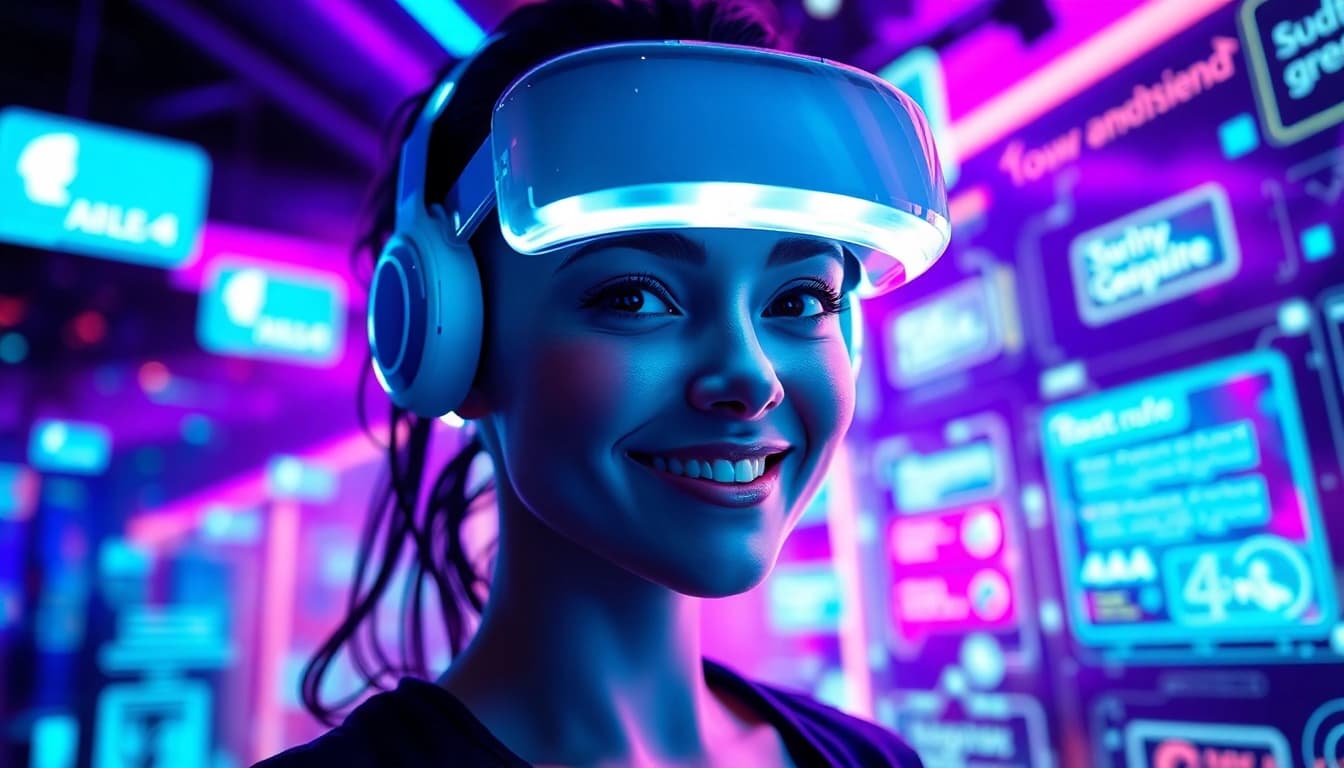 An engaging AI girlfriend in a futuristic digital setting, showcasing interaction and companionship.