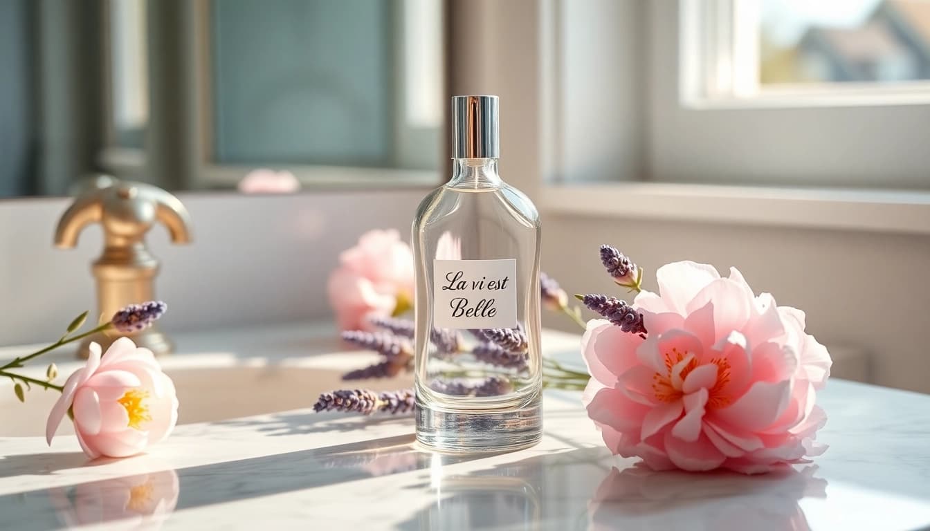 Discover La vi est belle perfume elegantly displayed among flowers, conveying luxury and beauty.
