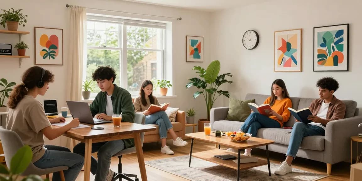 Students in modern student housing Northampton living room, studying and relaxing in a cozy environment.