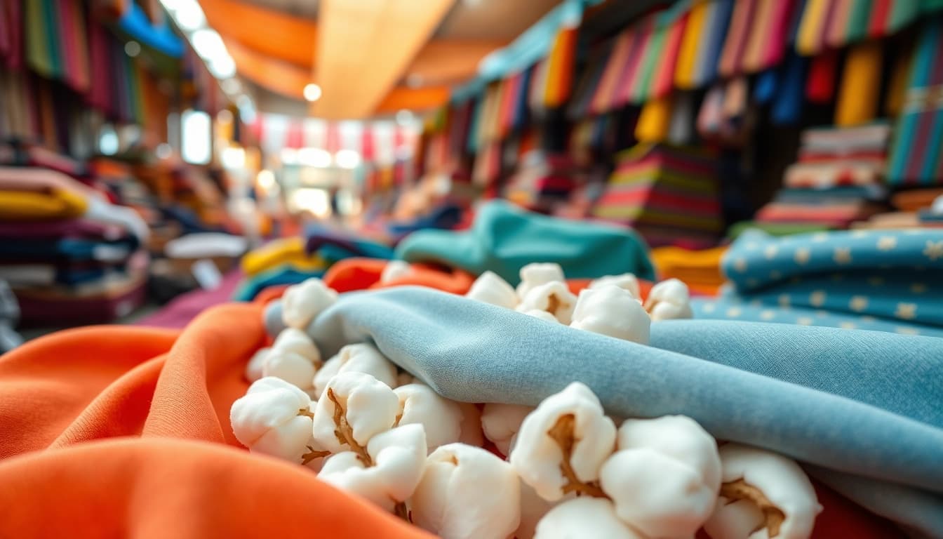 Katoen stoffen in een levendige textielmarkt met verschillende kleuren en patronen.