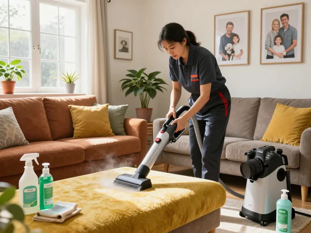 Professional upholstery cleaner using eco-friendly products during a deep clean, showcasing landlord resources for furniture care.