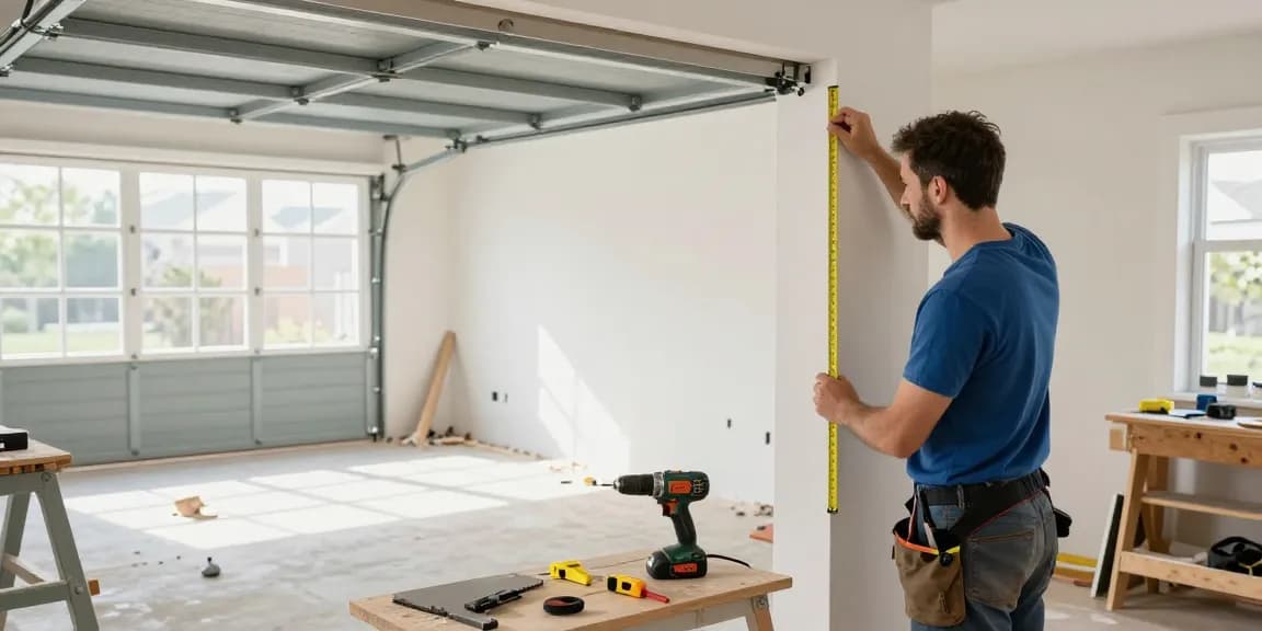 Garage conversion builder measuring space during renovation project in bright setting