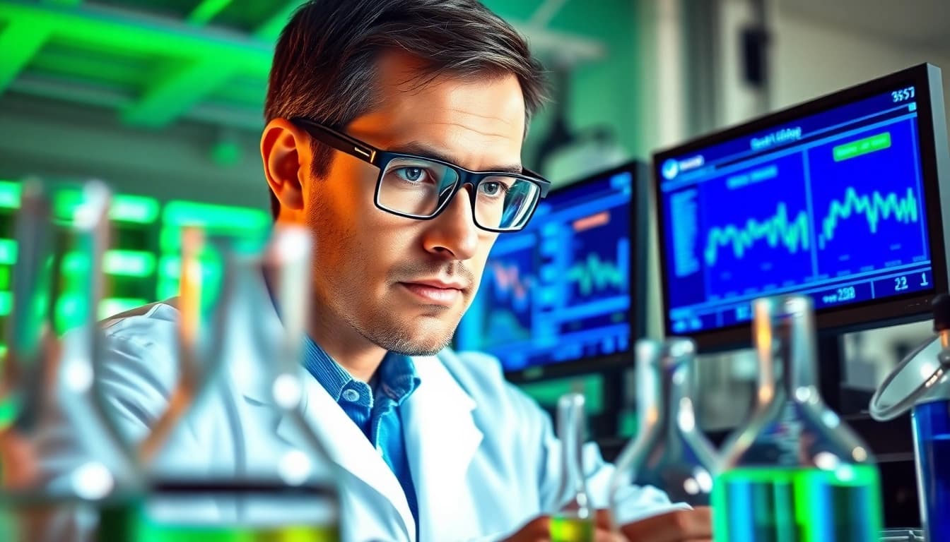 Scientist analyzing Retatrutide in a lab setting with advanced equipment.