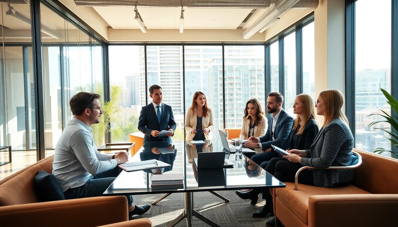 Engaged professionals collaborating in an Australian office setting, highlighting teamwork.