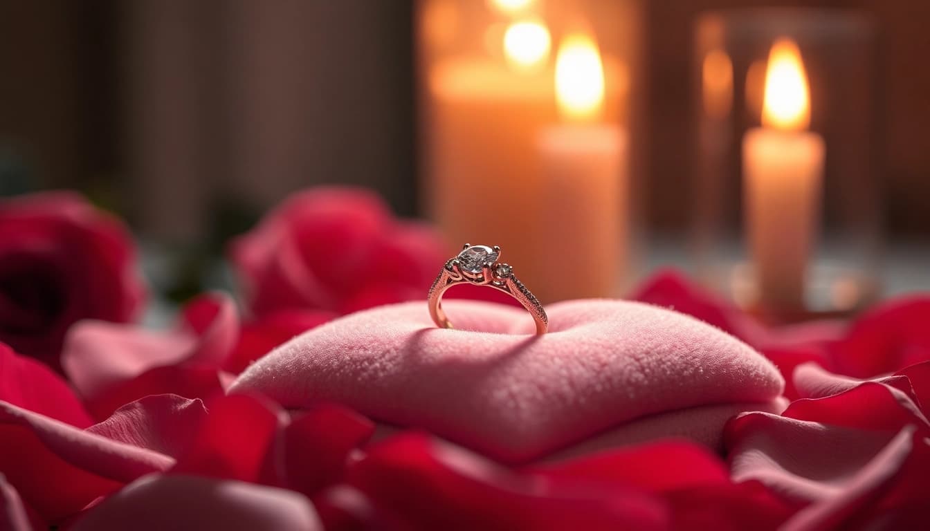 Showcasing a Valentine’s Day engagement ring UK adorned with diamond details on a velvet cushion.