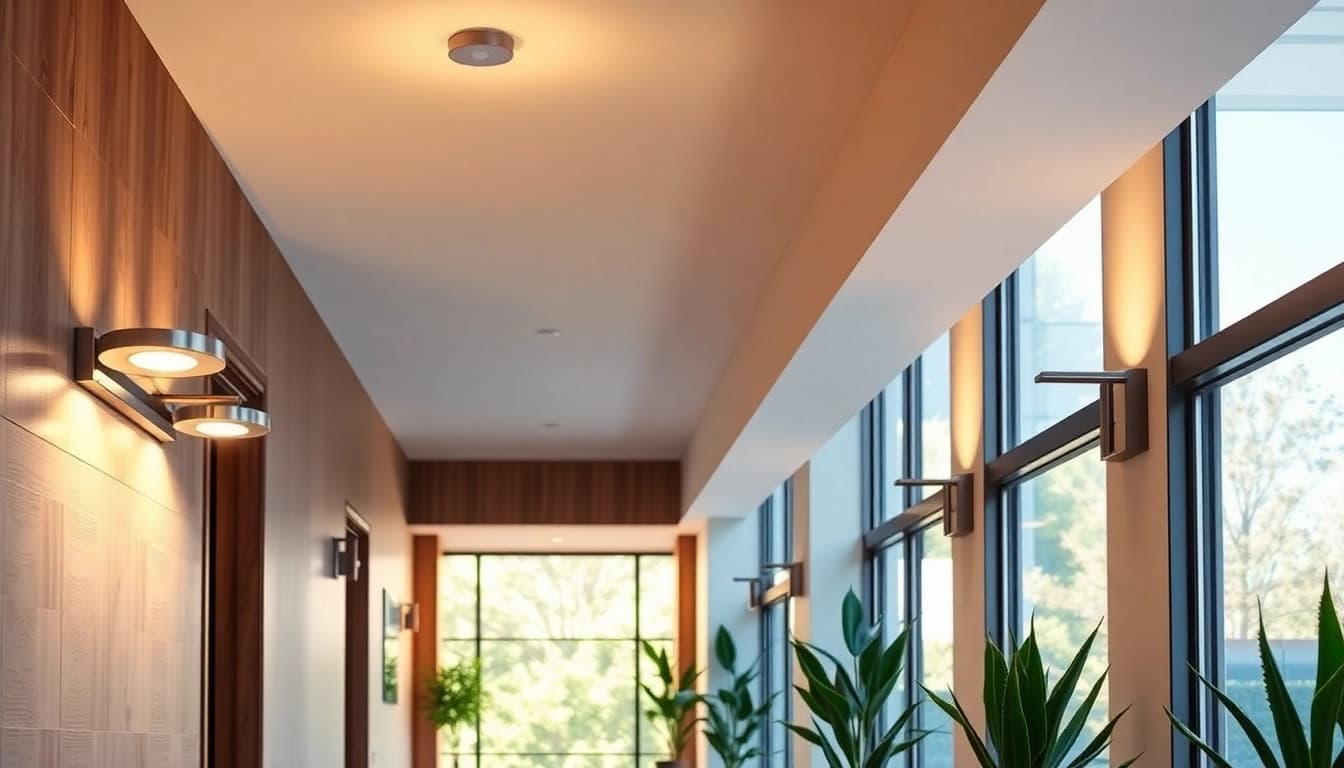 Enhance your space with stunning hallway lighting fixtures gracefully illuminating a bright corridor.