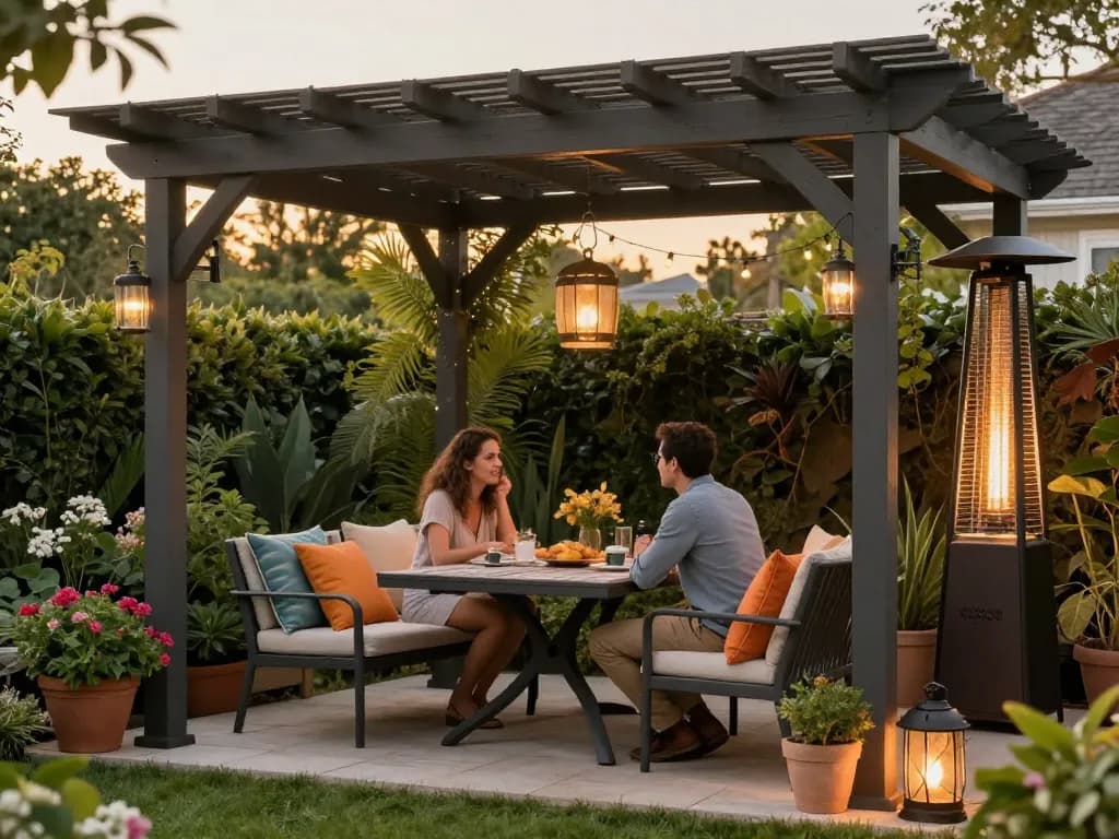 Couple enjoying a newly designed pergola with a customizable configurator in a beautiful garden setting.