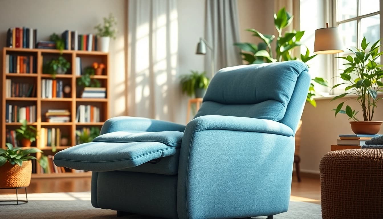 Comfortable sleep chair recliner in a warm living room filled with sunlight.
