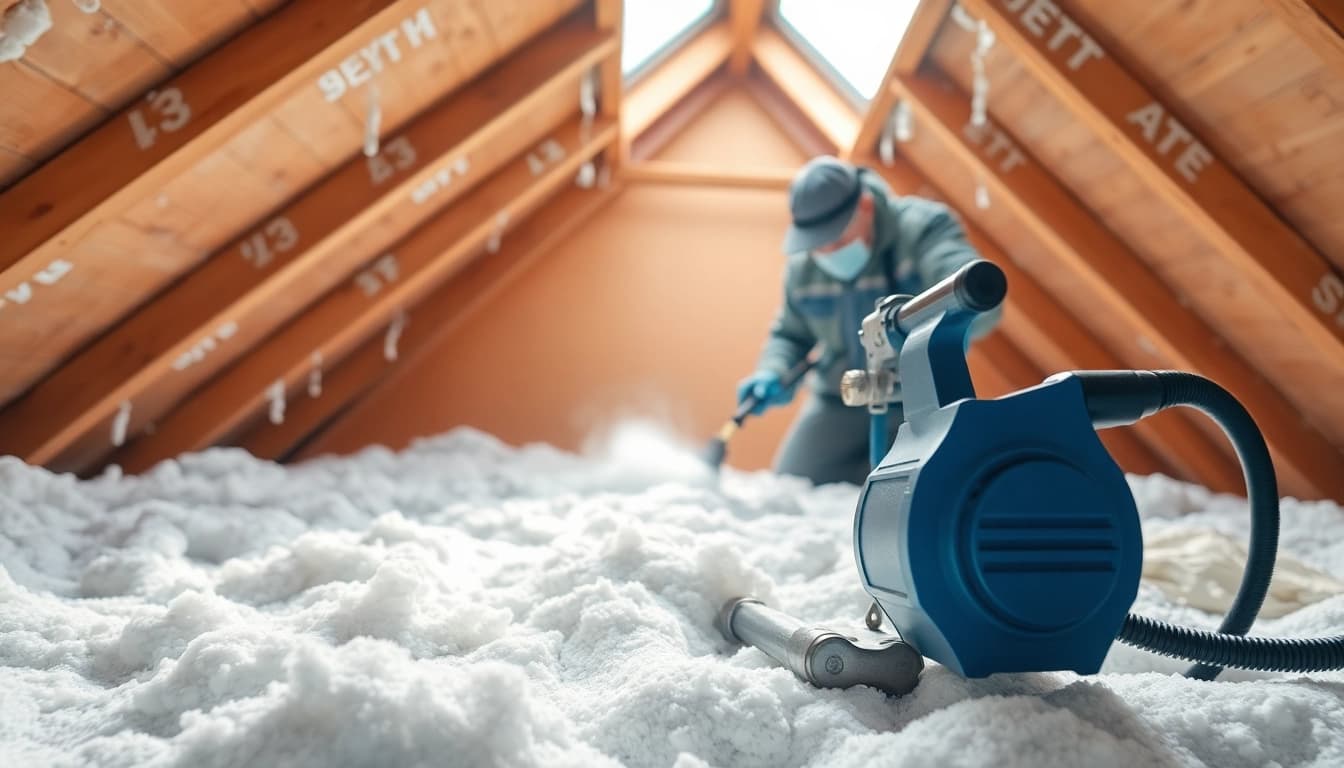 Loft spray foam removal service depicted by a technician expertly removing insulation in a bright attic.