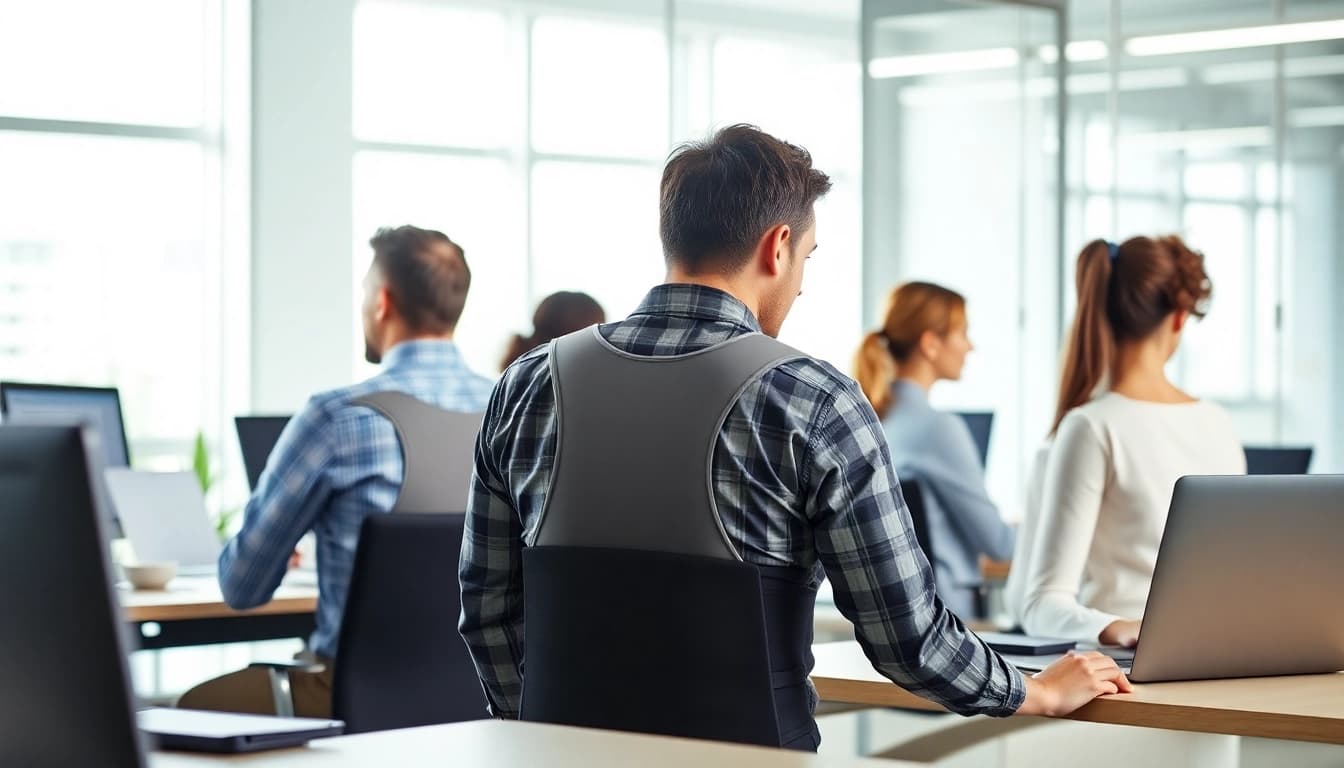 Fivali back brace reviews showcasing diverse users in a modern office setting, promoting comfort and discreet posture correction.