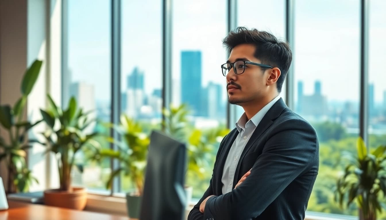 Reflecting on an ideal career in a bright office with a city view.