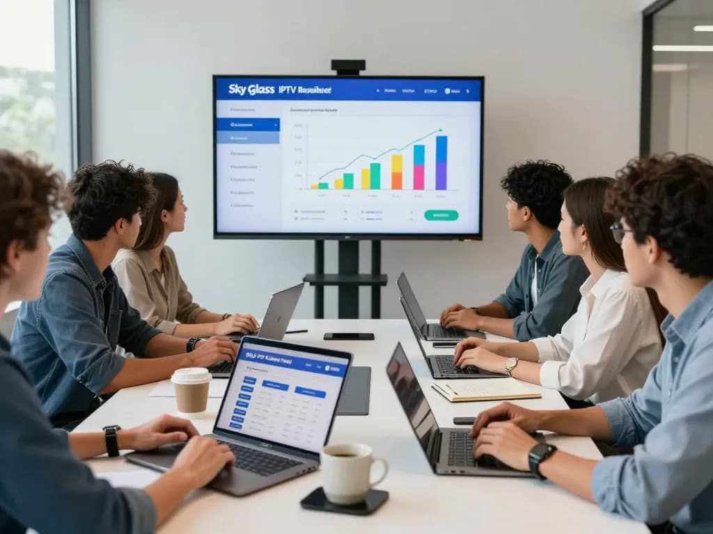 Entrepreneurs collaborating on Sky Glass IPTV Reseller Panel in a modern workspace.