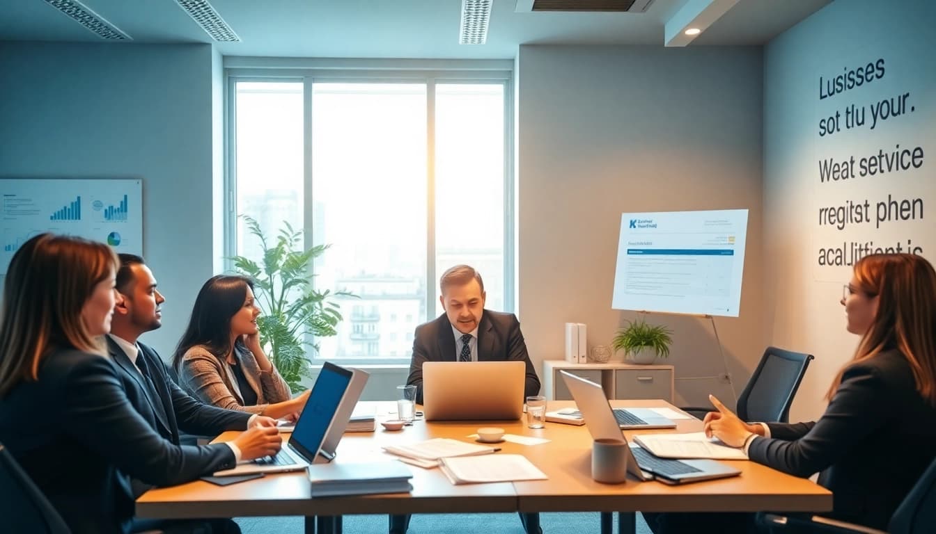 Set up a company in the US with a professional team collaborating in a modern office.
