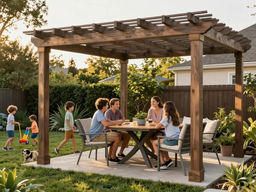 Family enjoying outdoor space under a stunning pergola configurator.