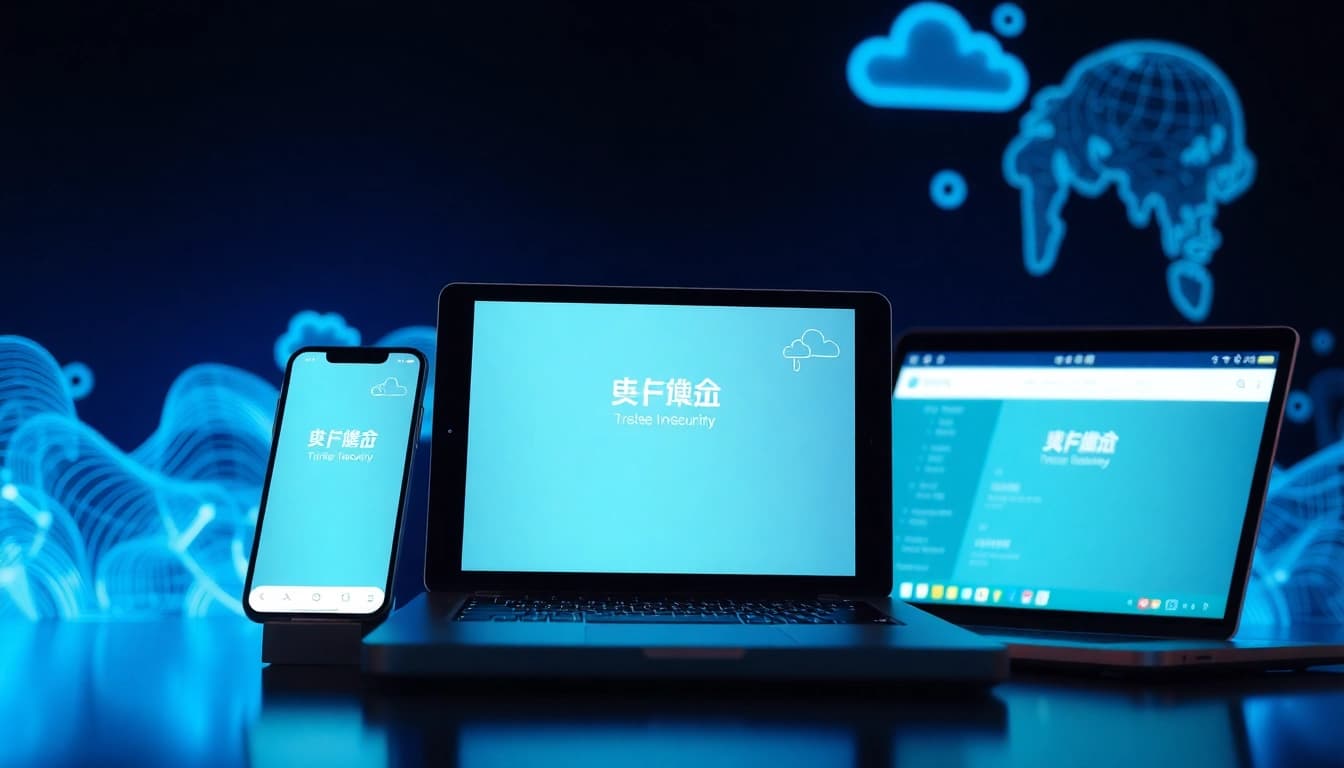 多设备上显示的快连下载应用界面，展示无缝连接与安全性。