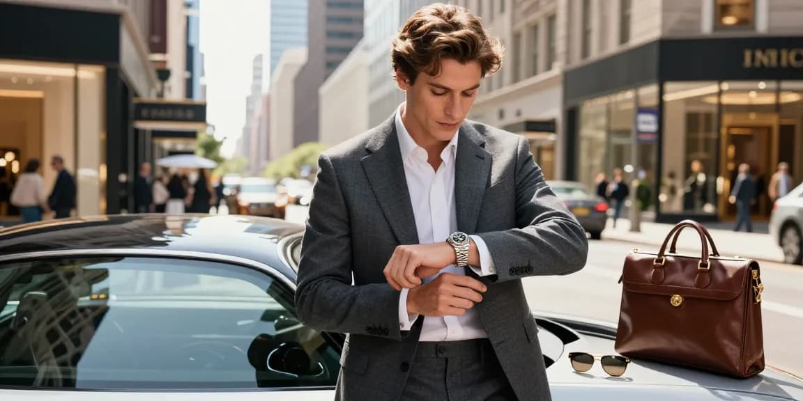 Stylish individual showcasing a rolex replica against a luxurious urban backdrop.