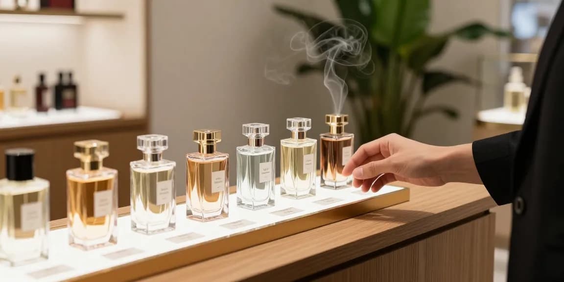 Discovering Maison Crivelli perfumes in a luxurious boutique setting, showcasing elegant bottles and inviting ambiance.
