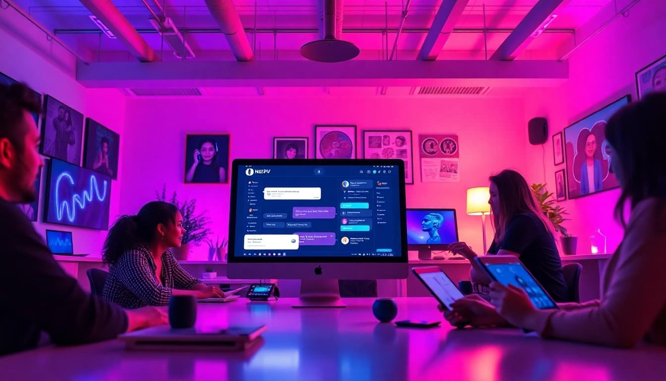 Scene showcasing NSFW AI technology in a modern workspace with interactive chatbots.