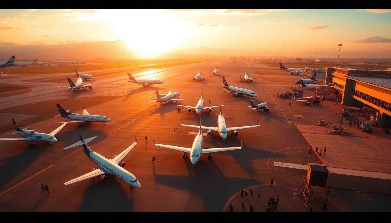 Aerial view of a busy airport with planes and travelers, highlighting aviation excitement at https://rr9935.com/.