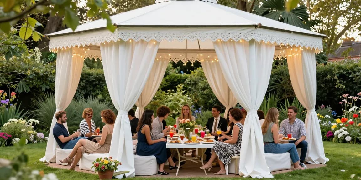 Gazebo hire London showcasing a vibrant garden party scene with guests celebrating under an elegantly decorated gazebo.