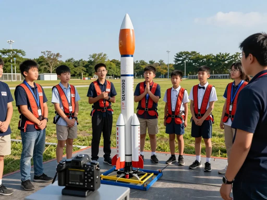 Young students preparing to launch a model rocket engine in a safe outdoor learning environment.