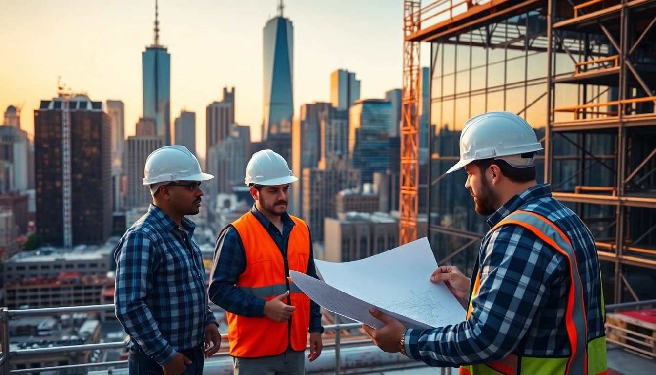 New York City Commercial General Contractor collaborating on blueprints amid urban development.