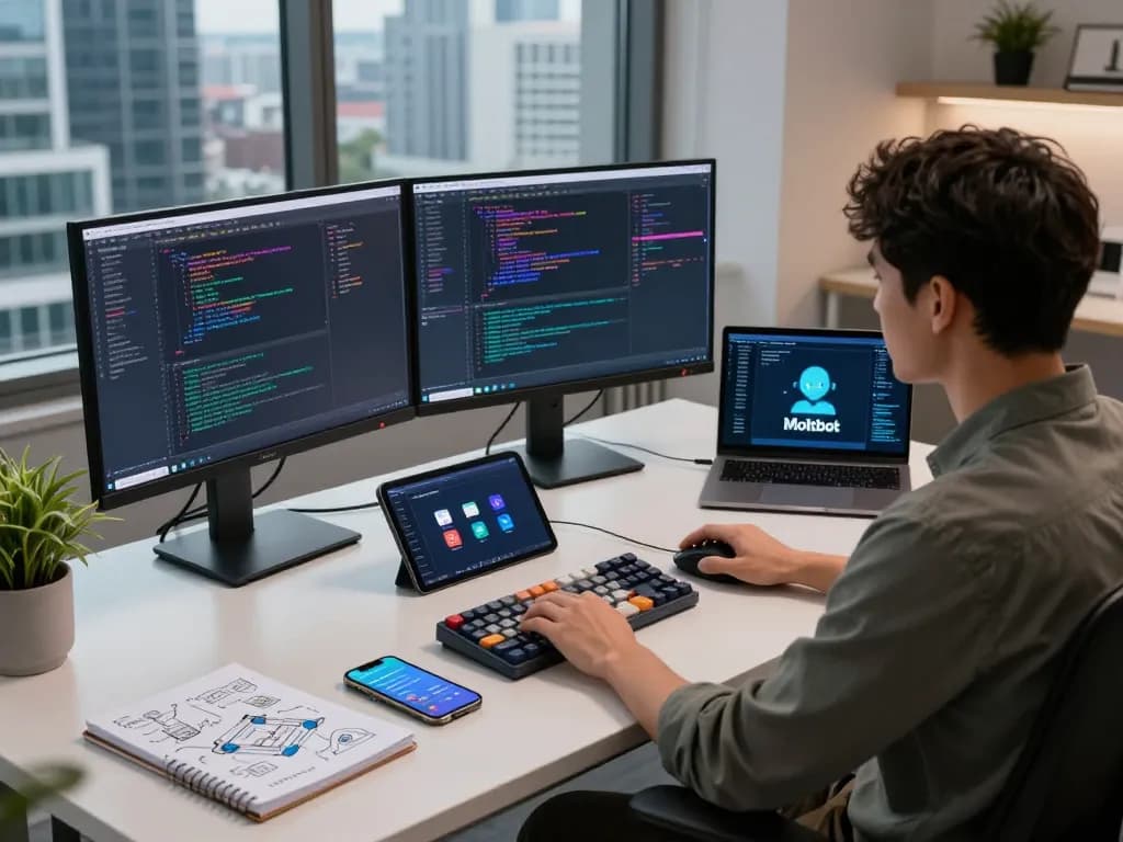 Developer coding with MoltBot interface in a modern workspace, featuring dual monitors and smartphone notifications.