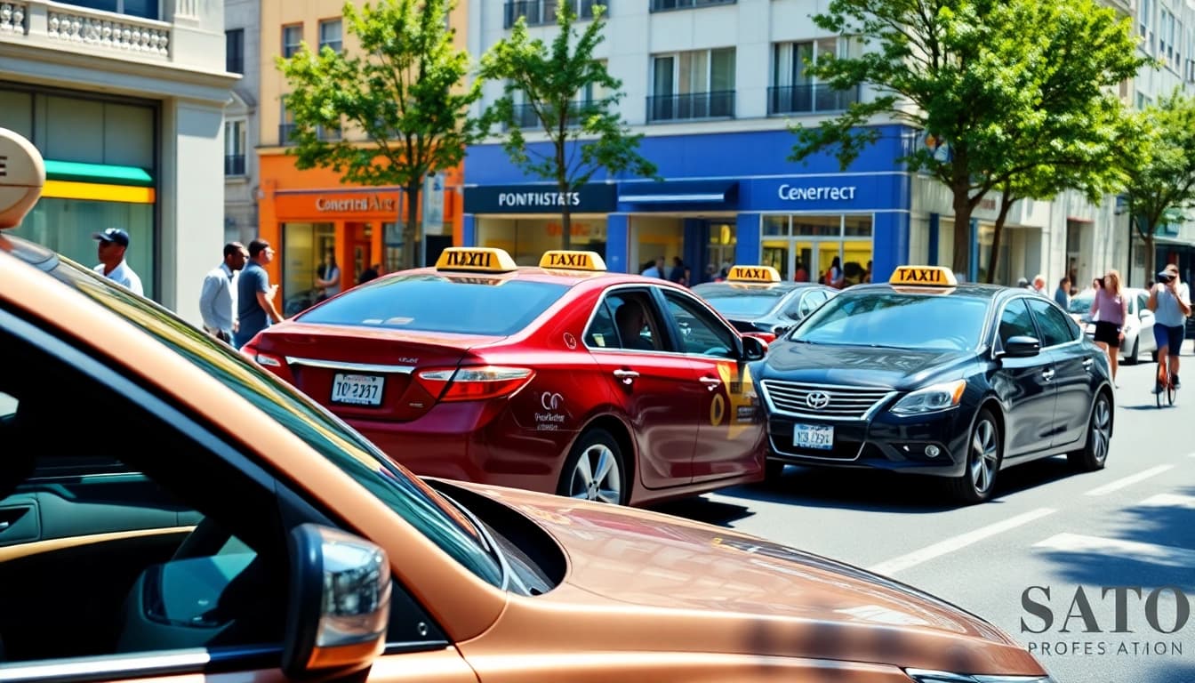 Cabs waiting in a lively urban environment with vibrantly colored storefronts.