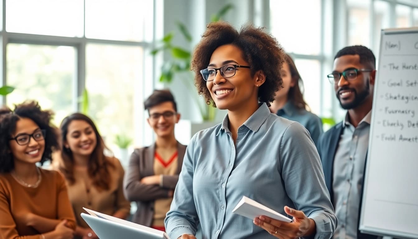 How to find my perfect career with a professional coach guiding diverse individuals in a bright office.