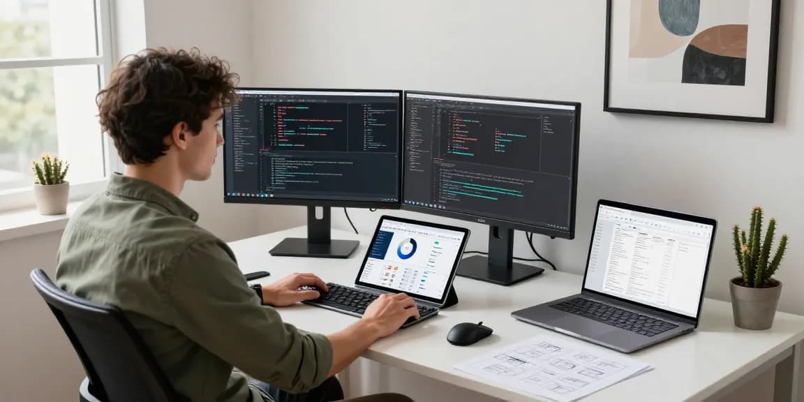 Developer coding at modern workspace with dual monitors, highlighting ia +18 software development.