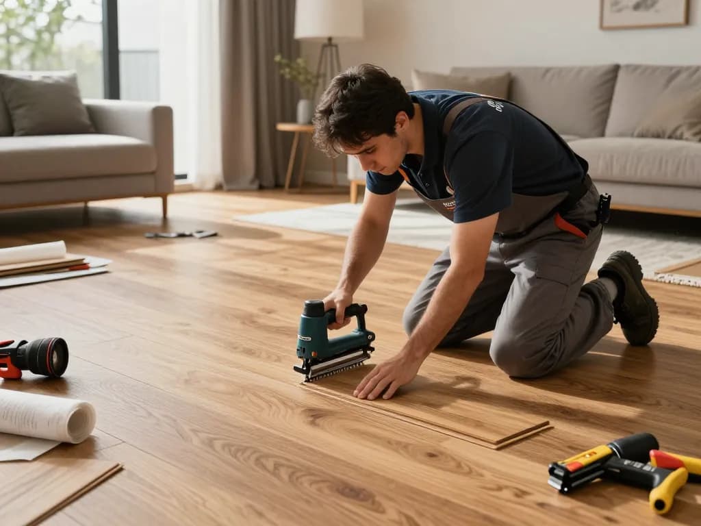 Expert flooring specialists near me installing luxurious hardwood flooring in a stylish living room.