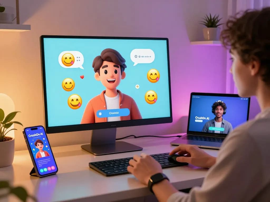 Interactive user engaging in crush on ai digital chat with customizable avatar.