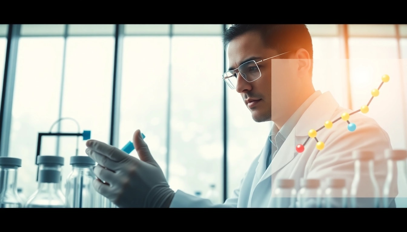 Analyze peptides in the UK with a professional scientist in a modern lab setting.