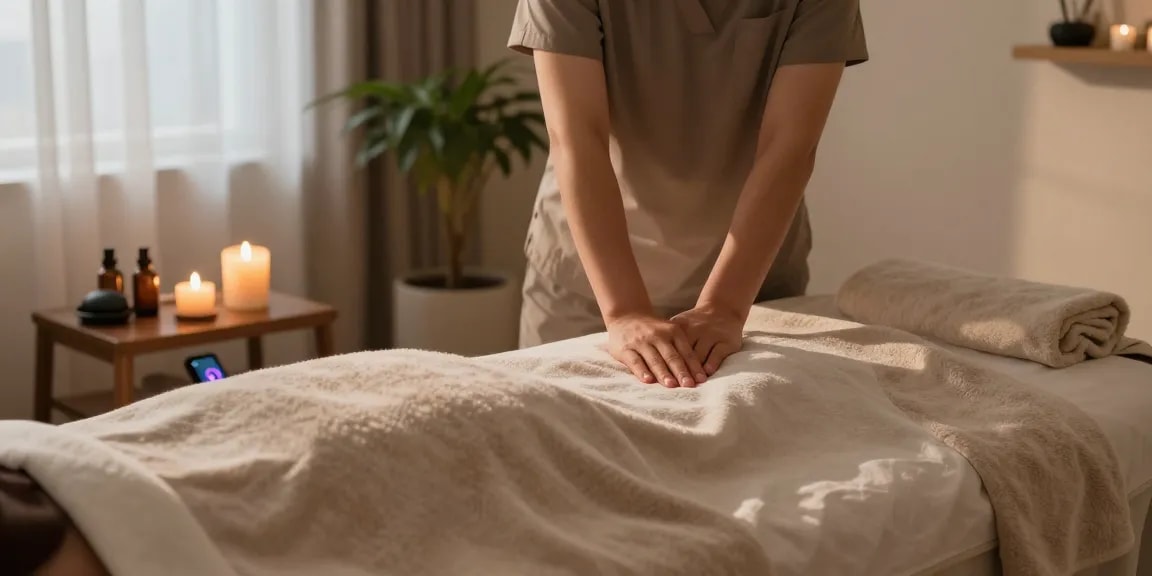송도출장안마 therapist preparing a serene home massage environment with candles and soothing elements.