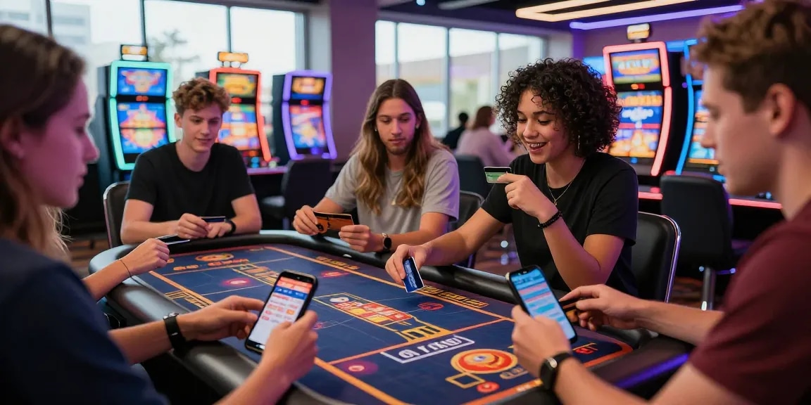 Exciting scene at credit card casinos with players engaged in gaming activities and vibrant atmosphere.